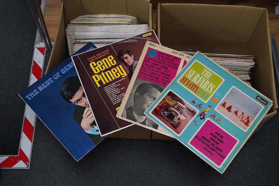 Two boxes of LP record albums, including a selection of 10 inch albums, compilations, including Soul compilations, Rhythm and Blues, etc., artists include; Gene Pitney, Lee Dorsey, Dinah Washington, Frankie Laine, Hank W